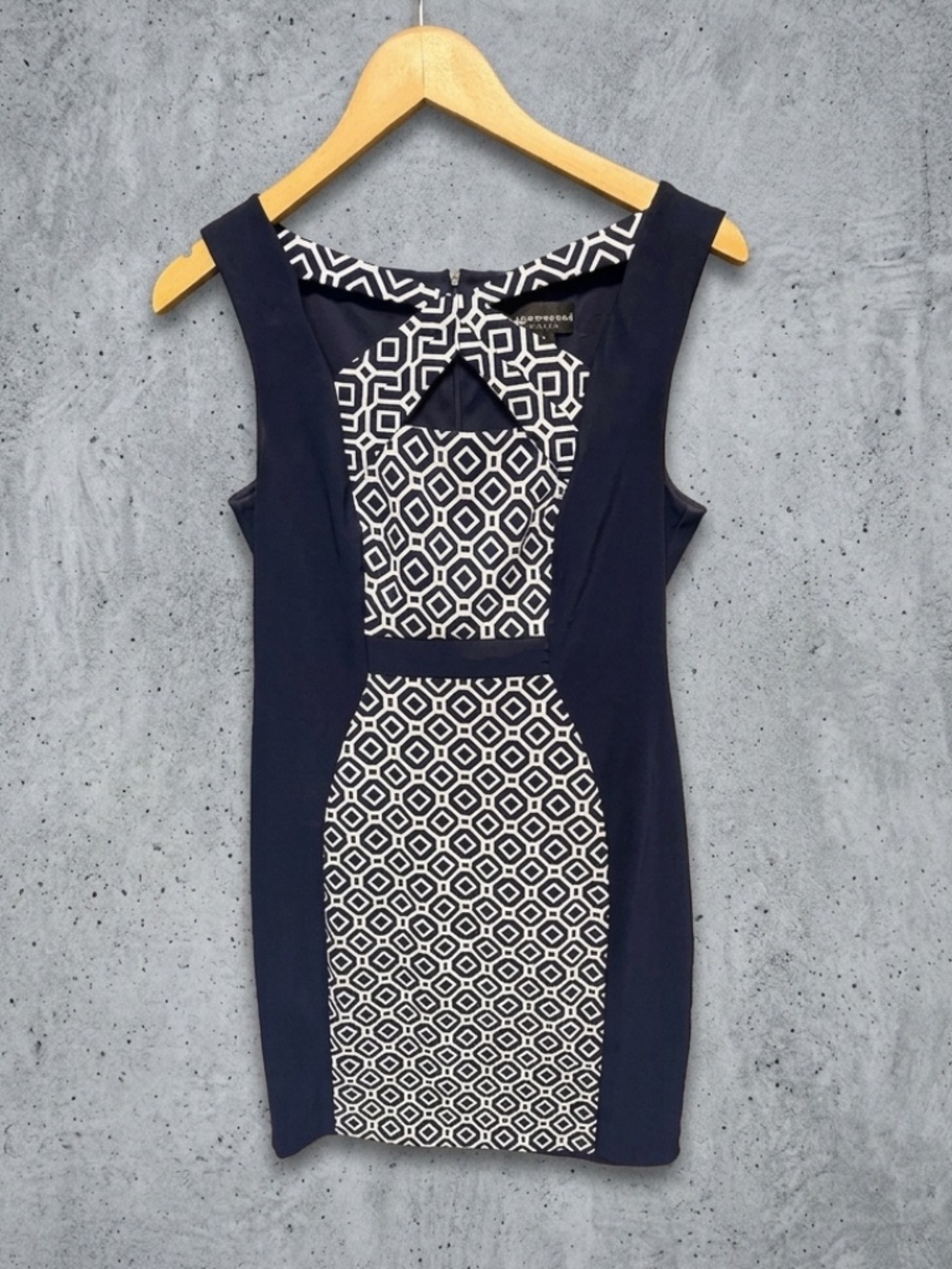Connected Apparel Sheath Dress Size 8 Navy Blue Geometric Print Keyhole Cutout
